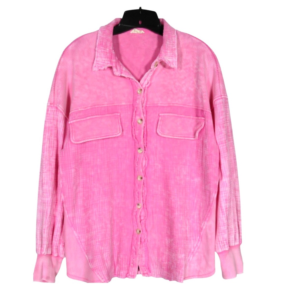 OTT Bright Pink RIBBED GAUZE Button-Up EXPOSED RAW HEM Pockets SHIRT/TOP Sz M/L